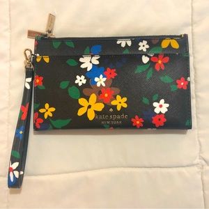 Kate Spade double zipper wristlet, black with floral pattern, like new